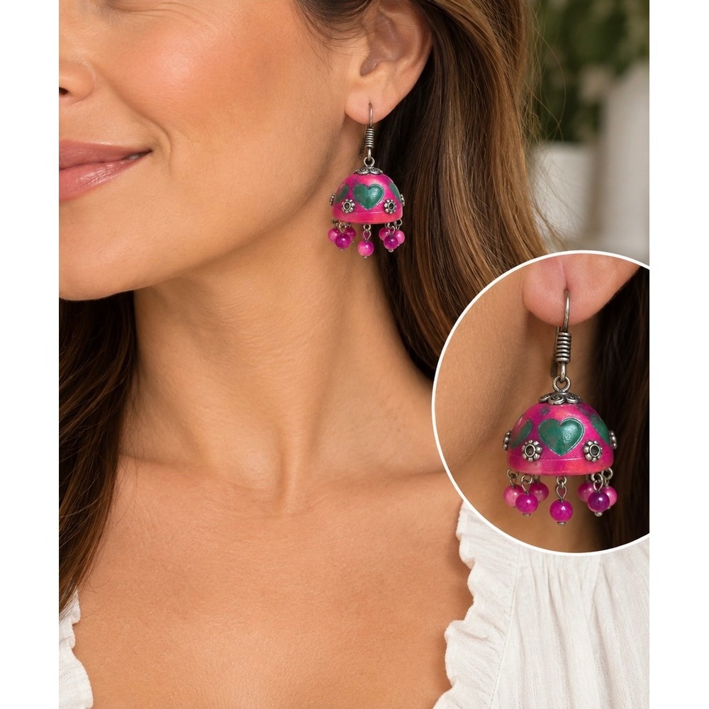 Unbranded Pink Green Heart Jhumka Bell Drop Earrings Boho Indian Style